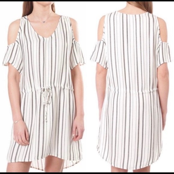 Cloth & Stone Cold Shoulder Striped Dress Linen Blend Size M Drawstring‎ waist - Picture 1 of 7